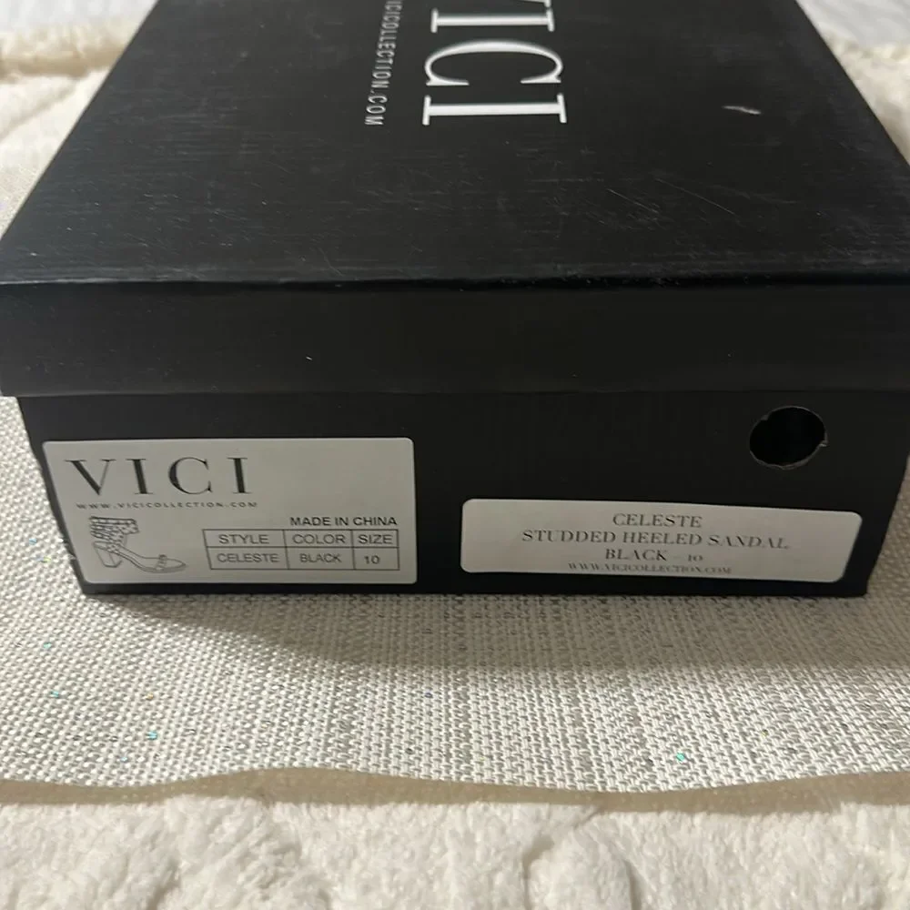 VICI 10 Celeste Black Metallic Studded Block Heel Strappy Multi Buckle Sandal - Picture 13 of 13